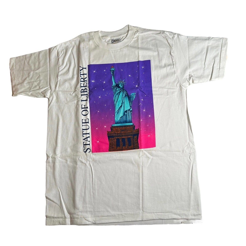 Vtg New York Statue of Liberty Wellington Single Stitch T-Shirt Tourist Neon XL